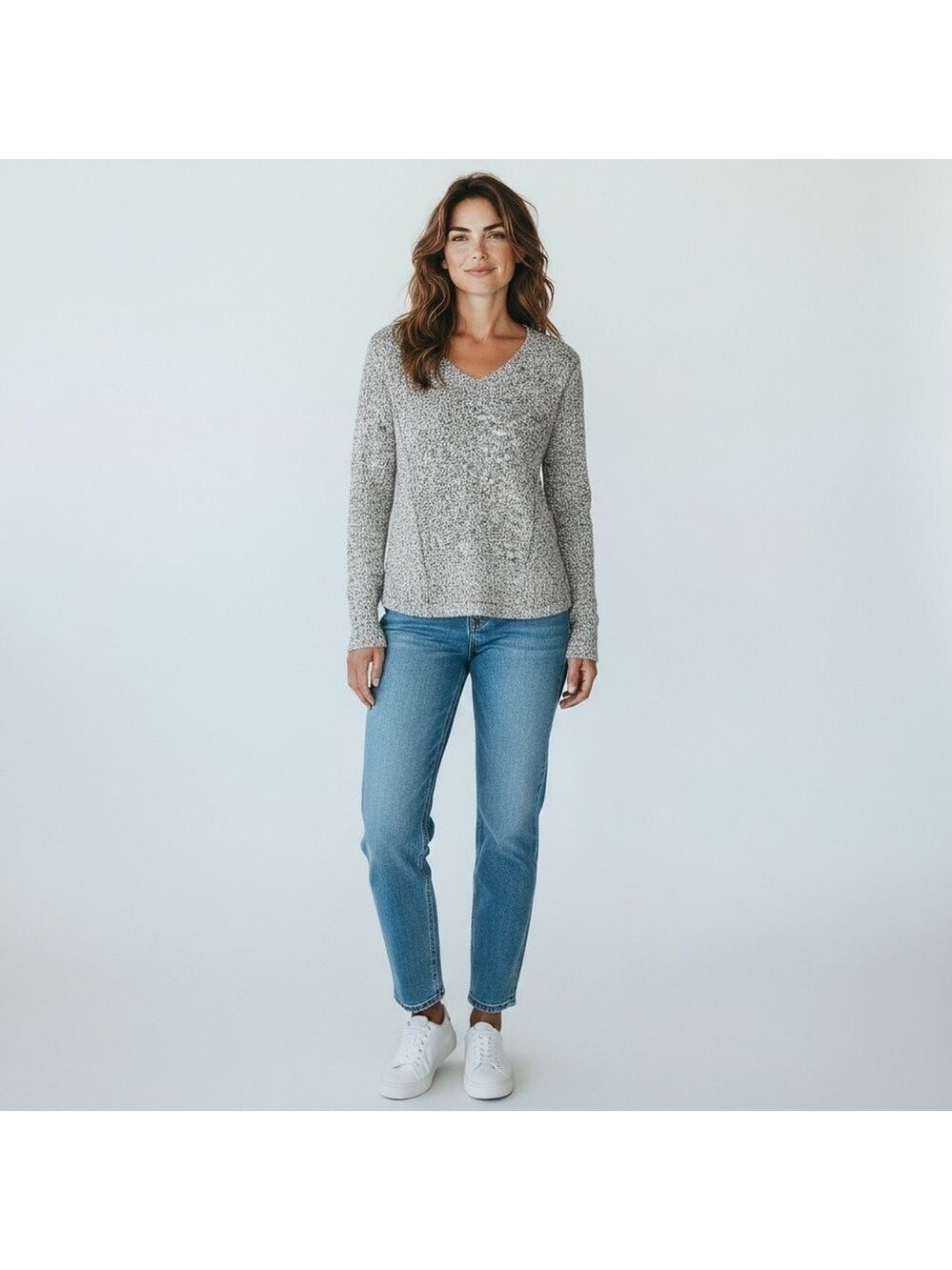 RD Style Black White Tweed Knit Stretchy V-Neck Sweater Pullover Size S Rib Hem